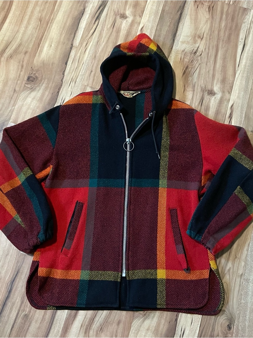 VTG Peters Whaler Plaid Wool Zip-Up Hooded Jacket Sz L 1960s Retro Gorpcore
